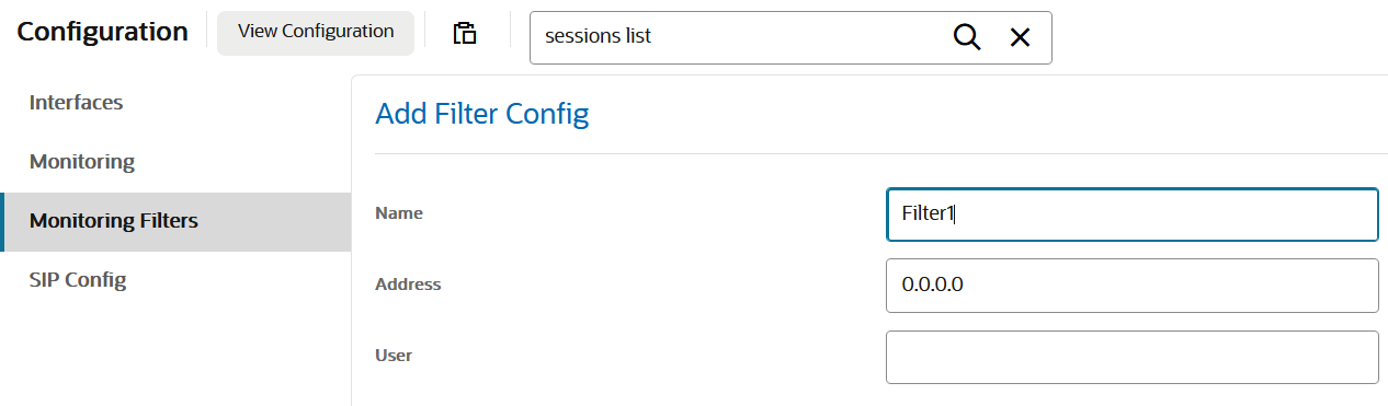 This screen capture shows the navigation pane of the Configuration tab, with the Monitoring Filters object highlighted, and displaying the filter config dialog.