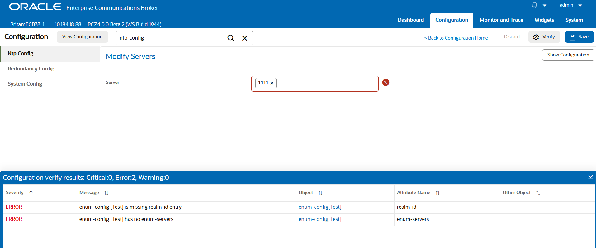 This screen capture shows the dialog that displays when the system finds errors in the configuration that you are trying to activate. This screen capture shows the dialog that displays when the system finds errors in the configuration that you are trying to activate.