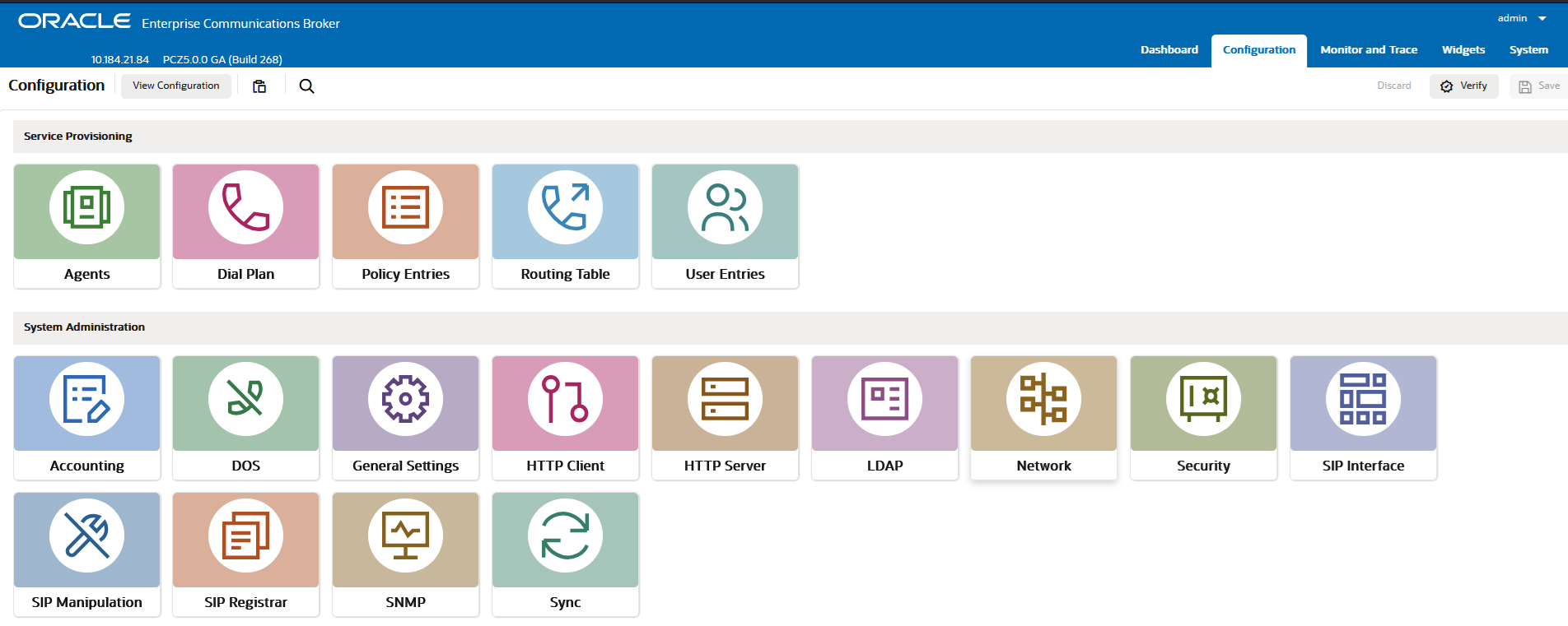 This screen capture shows the contents of the configuration tab, which now displays configuration category icons for both Service Provisioning and System Administration functions.