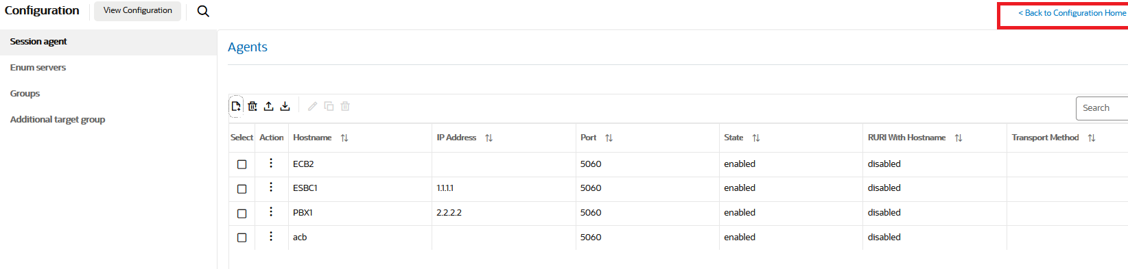 From any sub object on the a configuration icon's page, there is a Back to Configuration Home link.