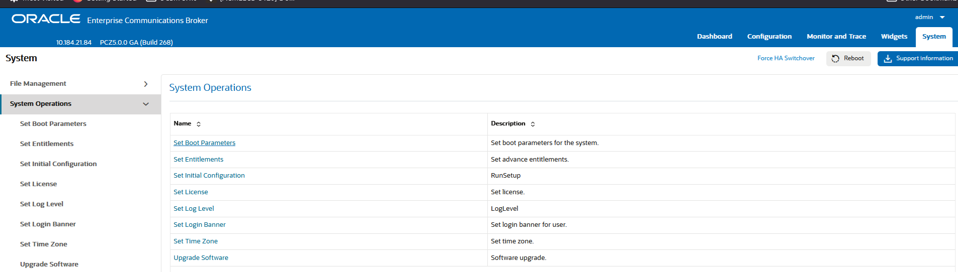 This screen capture shows the list of Systems Operations configurations and provides their descriptions.