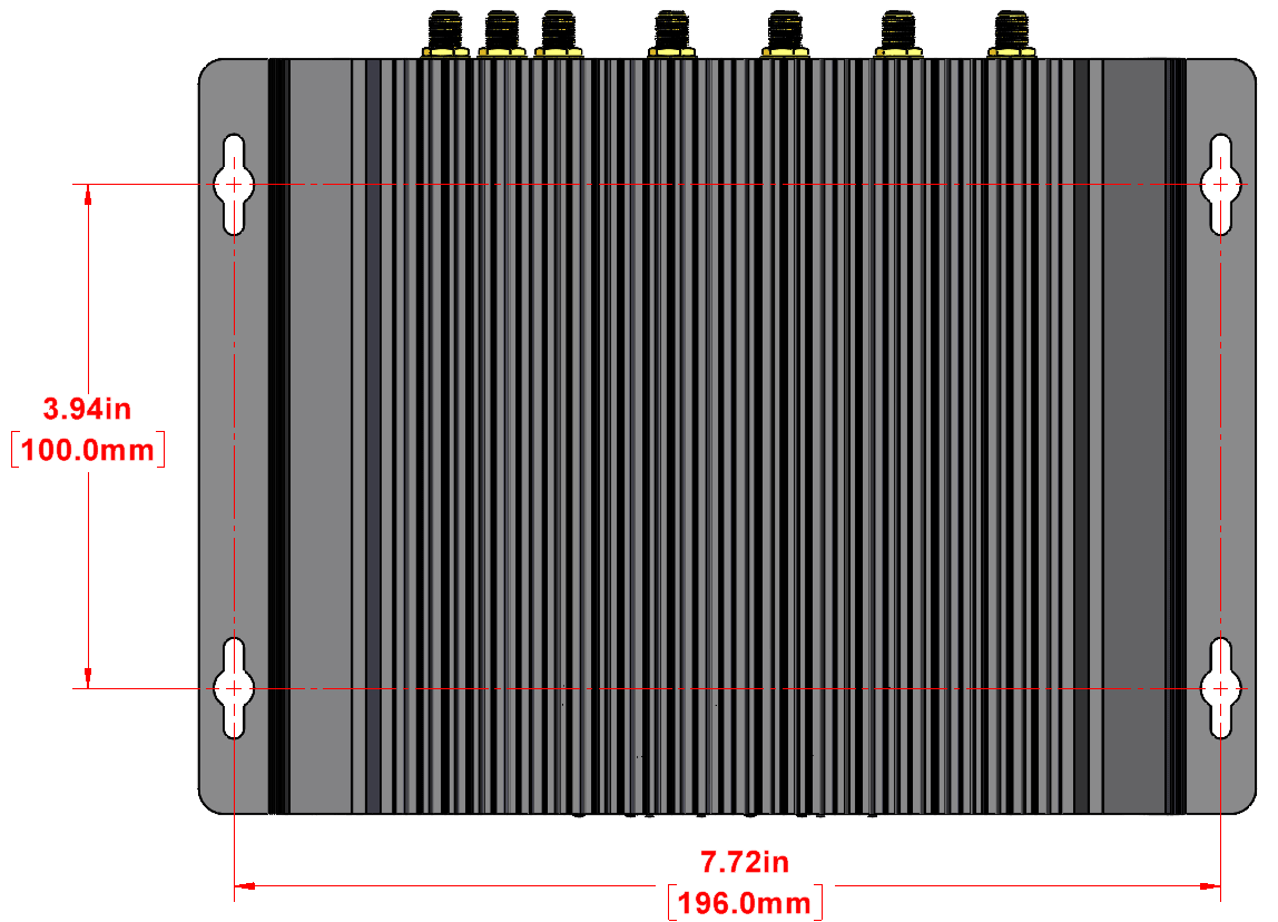 This image describes dimensions and mounting points for the cloud connector when affixed to a permanent surface.