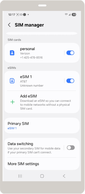 Alt text: Samsung SIM manager screen showing a physical SIM and an AT&T SIM. The Primary SIM field is set to the Oracle-provided SIM, and Data switching is turned off.