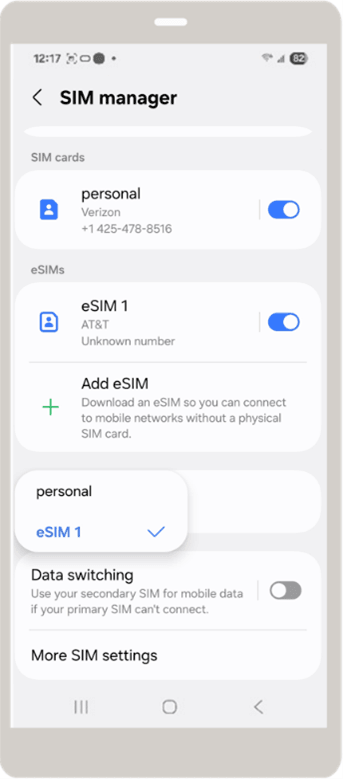 Samsung SIM manager screen showing the Primary SIM selection menu. The Oracle-provided SIM is selected.