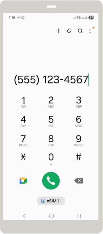 Samsung Phone dialer screen showing a phone number entered and a SIM selector below the call button. The selector currently shows eSIM 1.