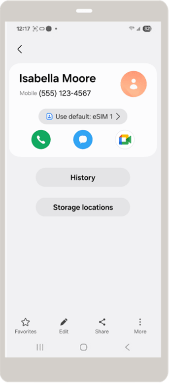 Samsung contact details screen for a contact named Isabella Moore. The contact card shows a Use default: eSIM 1 option above the call, message, and video call buttons.