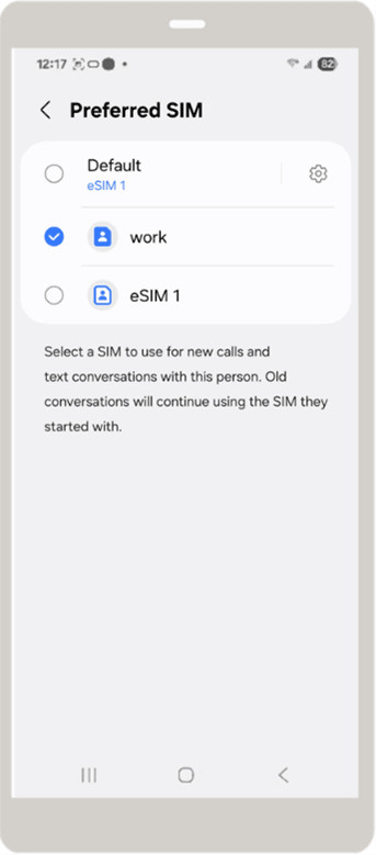 Samsung Preferred SIM screen showing SIM options for a contact. The non-Oracle SIM is selected.
