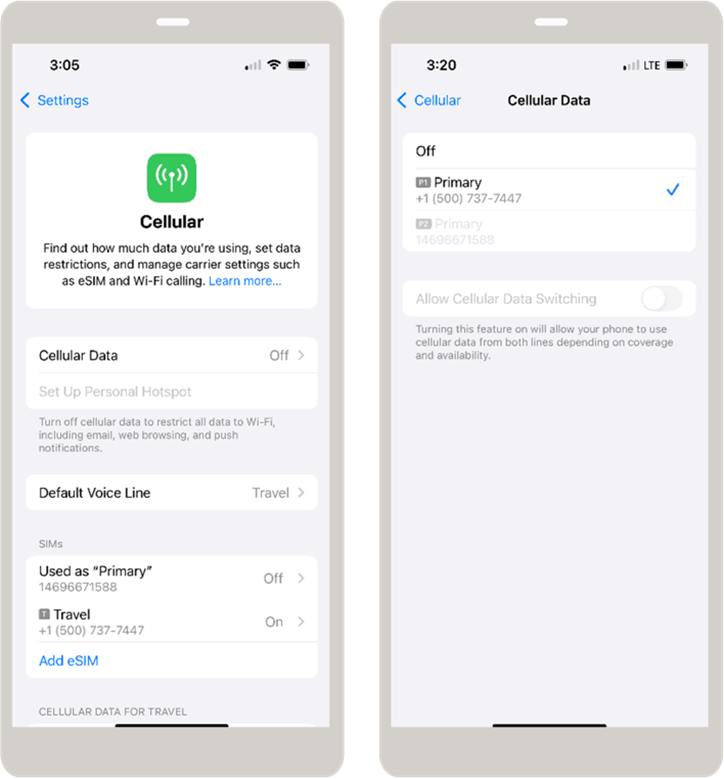 iPhone Cellular settings screens. The first screen shows Cellular Data, Default Voice Line, and SIM options. The second screen shows Cellular Data options and the Allow Cellular Data Switching setting turned off.