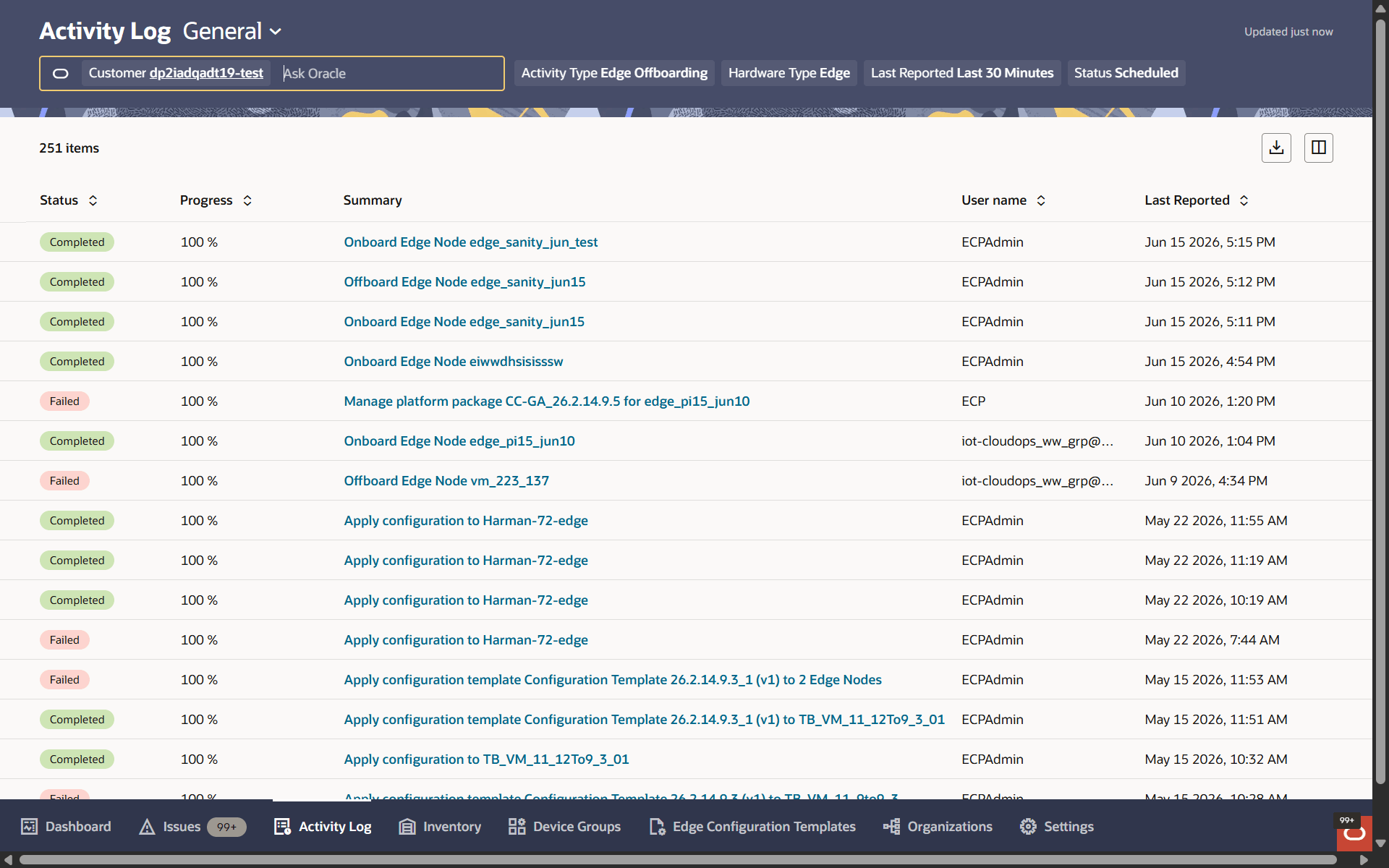 Activity Log General page showing configuration-related request entries with Summary, Status, Progress, User name, and Last Reported columns.