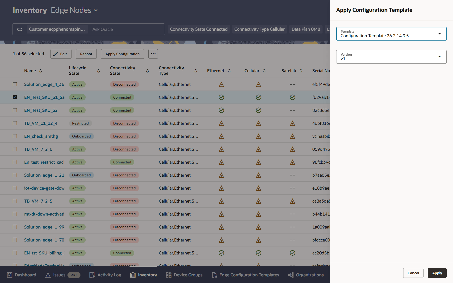 Inventory Edge Nodes page with the Apply Configuration Template drawer open, showing connectivity warnings and the selected template and version for the apply request.