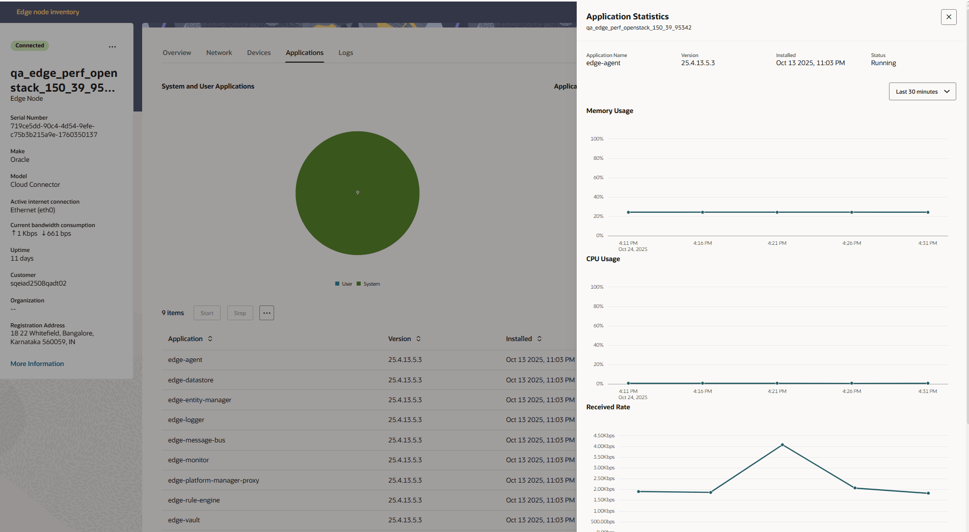 This screen capture shows the Edge Node Application statistics drawer.