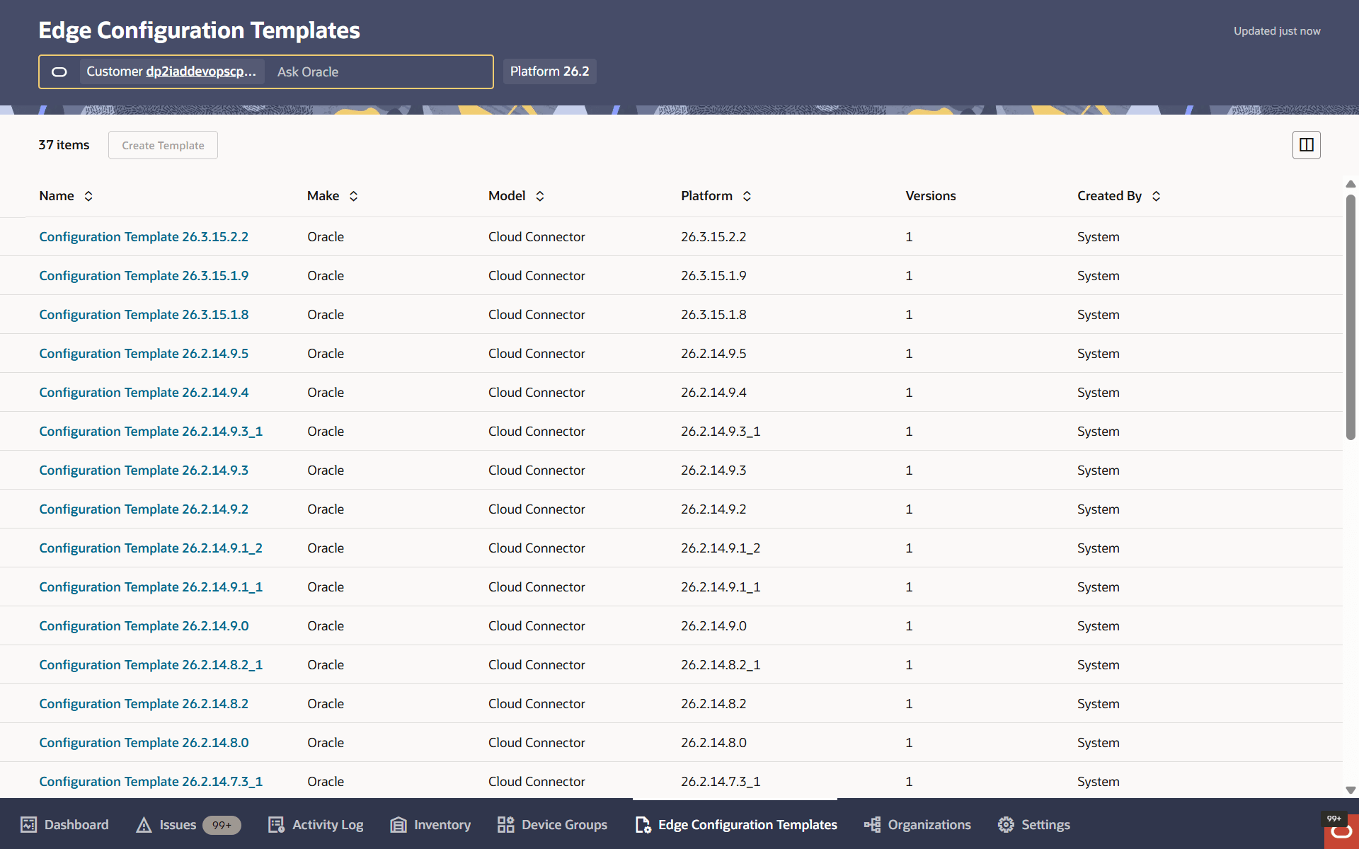 Configuration Templates for Edge Nodes page showing the list of available templates and columns such as Name, Make, Model, Platform, Versions, and Created By.