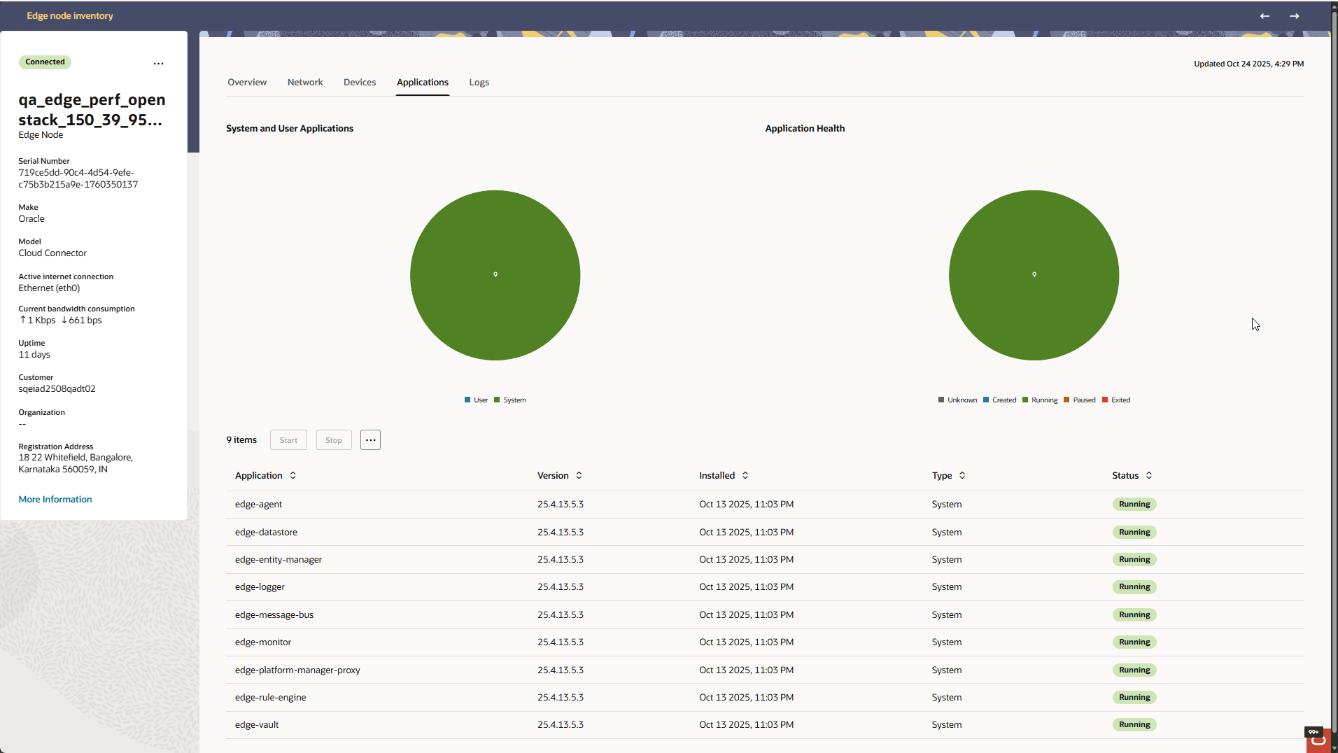 This screen capture shows an example of the Applications screen on the Edge Node device details page with sample data.