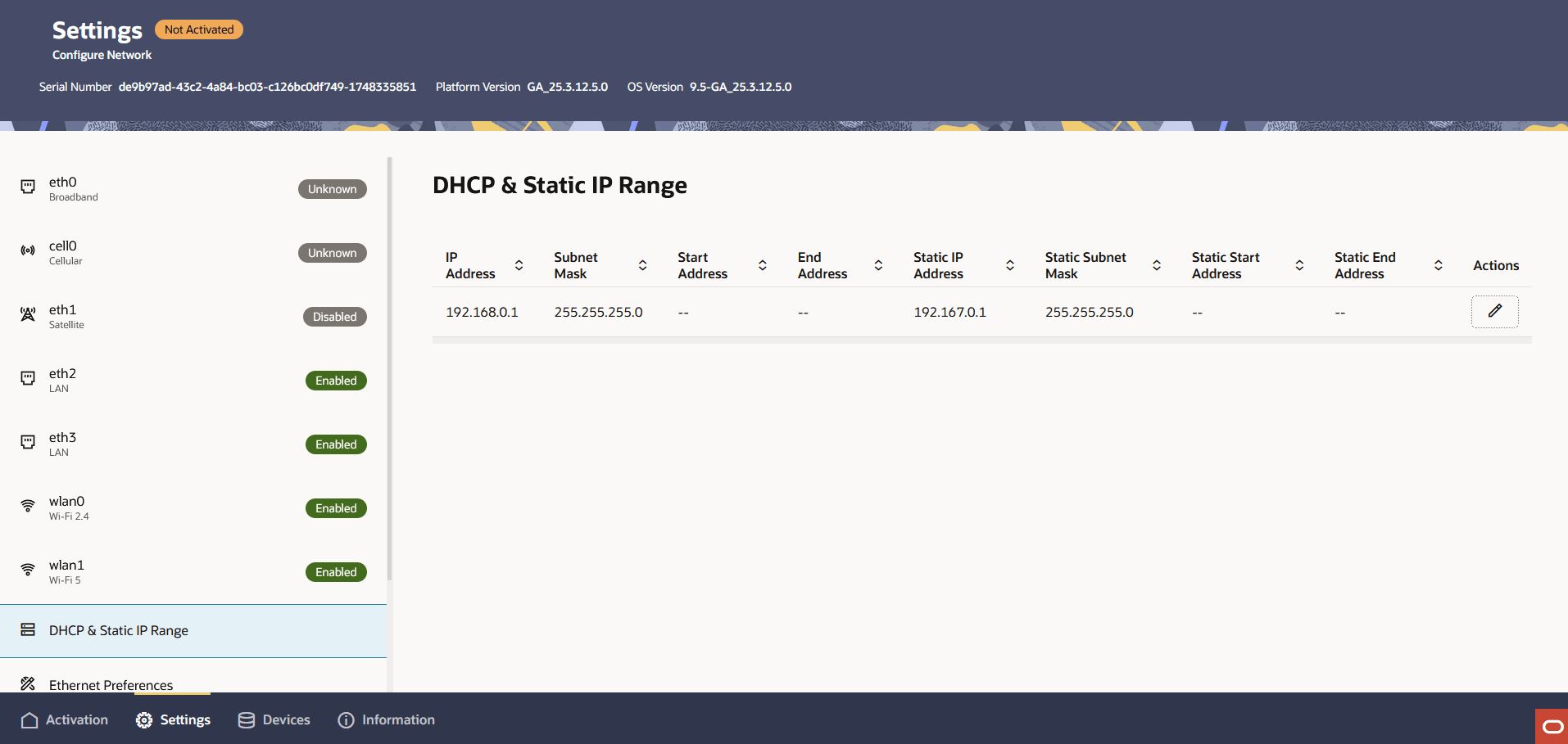 The screen graphic displays the DHCP Server Settings table with column headings IP Address, Subnet Mask, Starting IP Address, Ending IP Address, and Actions. The screen graphic displays the DHCP Server Settings table with column headings IP Address, Subnet Mask, Starting IP Address, Ending IP Address, and Actions.