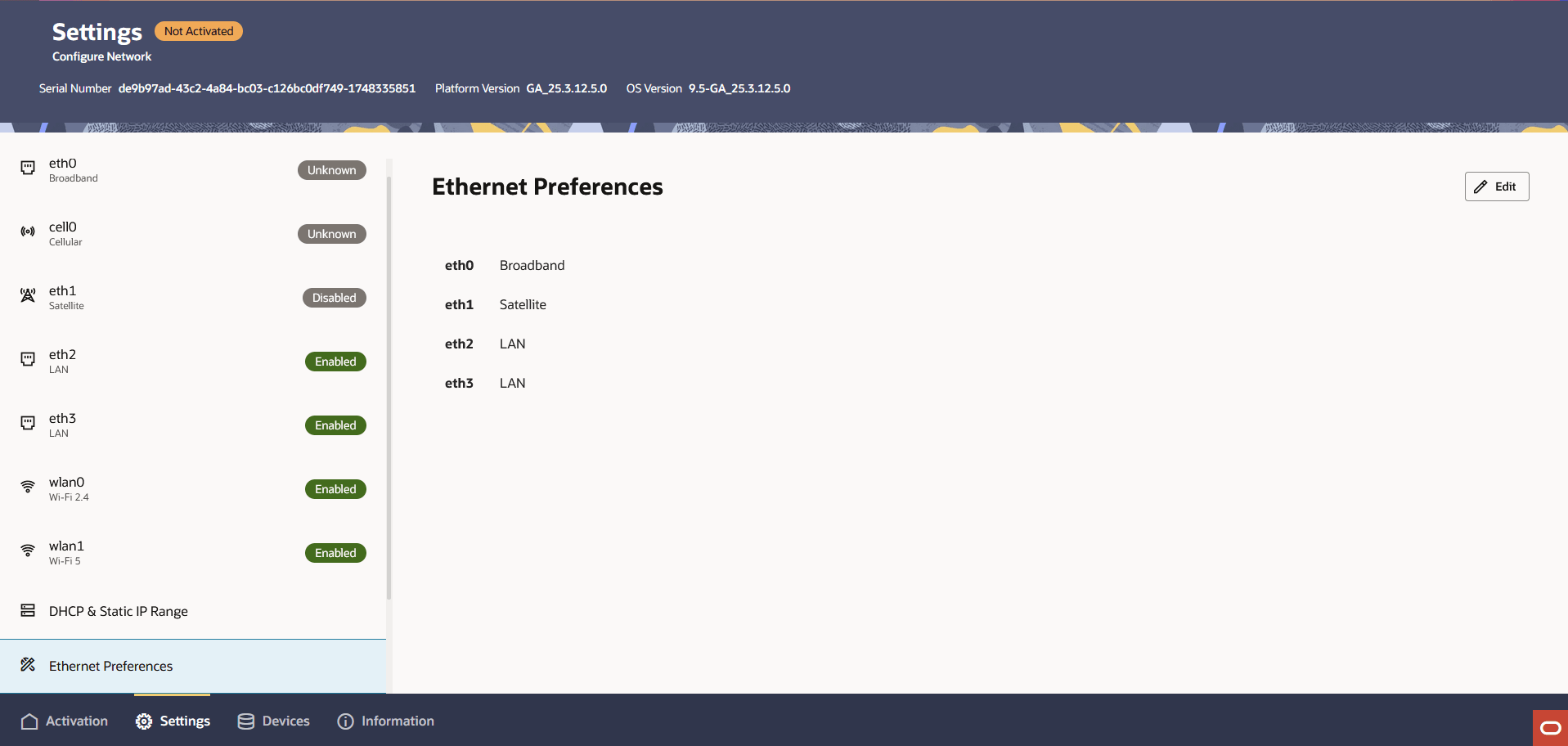 The screen capture displays the Ethernet Connection Type rows with default settings.
