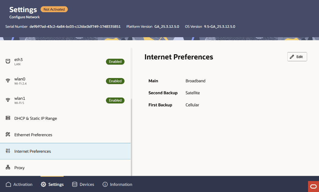 The screen capture displays the Internet Preference rows with default settings. The screen capture displays the Internet Preference rows with default settings.