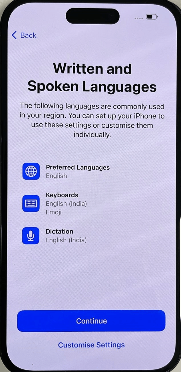 Written and Spoken Languages screen Written and Spoken Languages screen