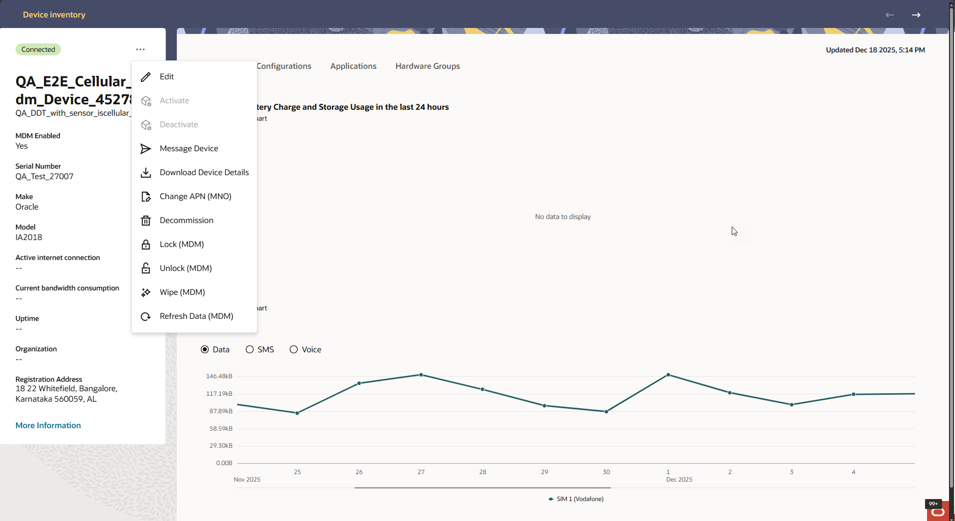 The screen graphic shows the Device Details page with the left pane menu open and the following actions accessible: Edit, Activate, Deactivate, Message Device, Download Device Details, Change APN (MNO), Change Data Plan, Decommission, Lock (MDM), Unlock (MDM), Wipe (MDM) and Refresh Data (MDM).