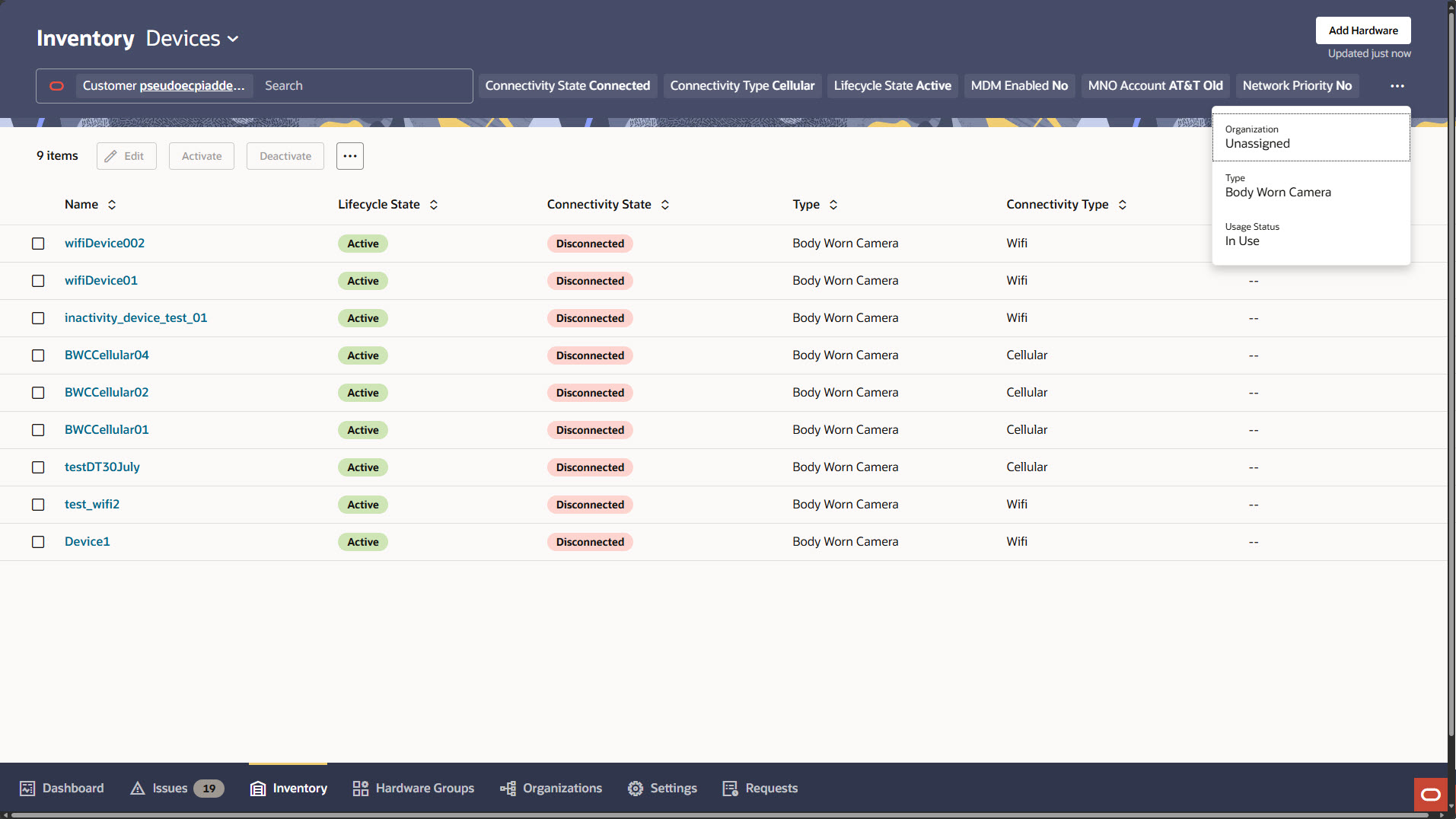 This screen capture shows the Inventory page with default column headings and the actions you can perform on the devices.