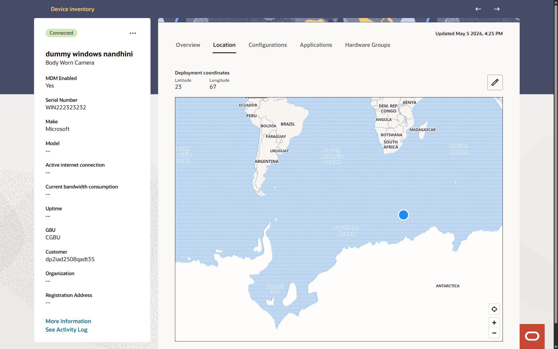 The Location tab of a device page showing GPS location as a blue dot. The GPS location marker represents the device’s last reported position and is separate from the deployment location marker.
