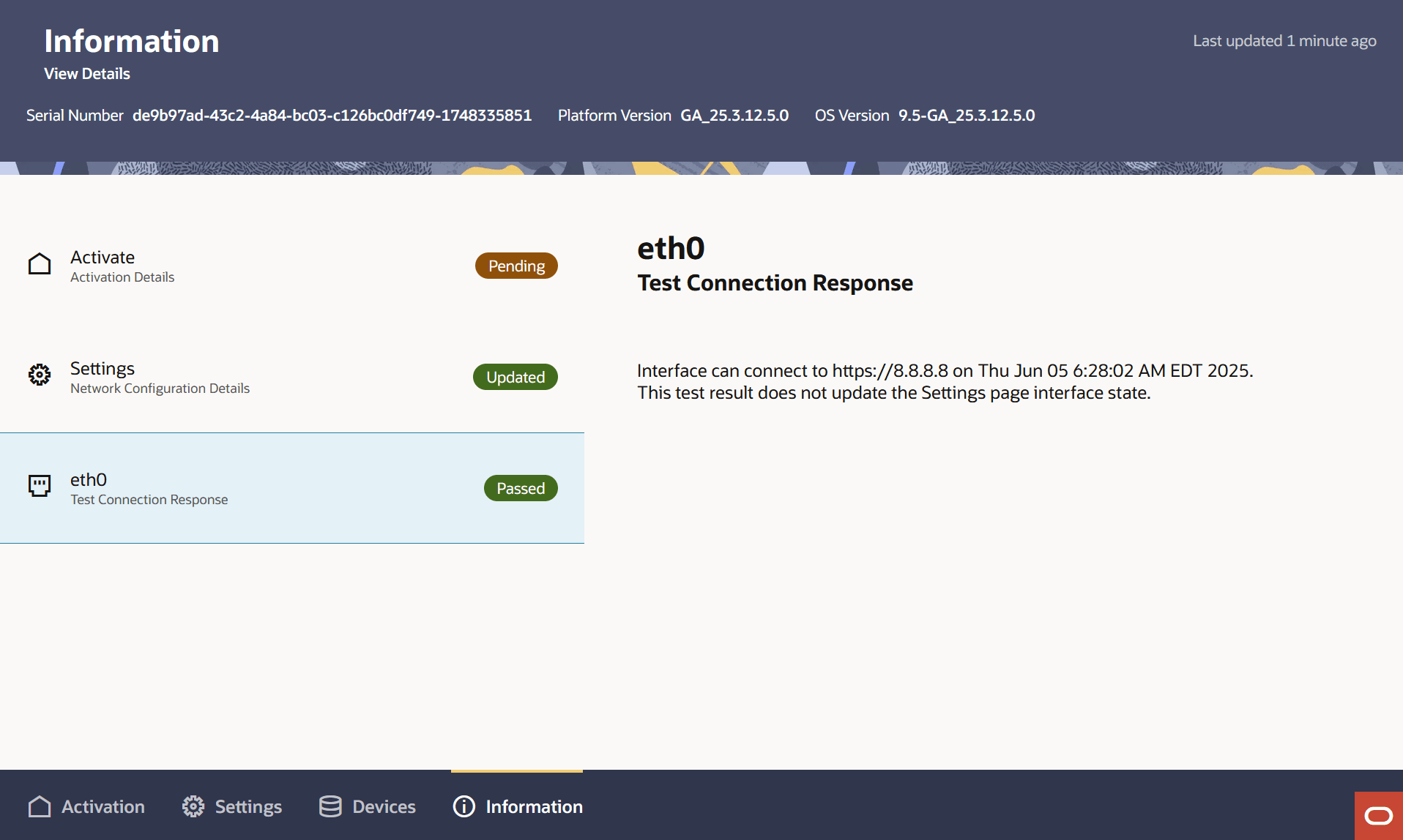 Information tab displaying the results of a WAN connection test.