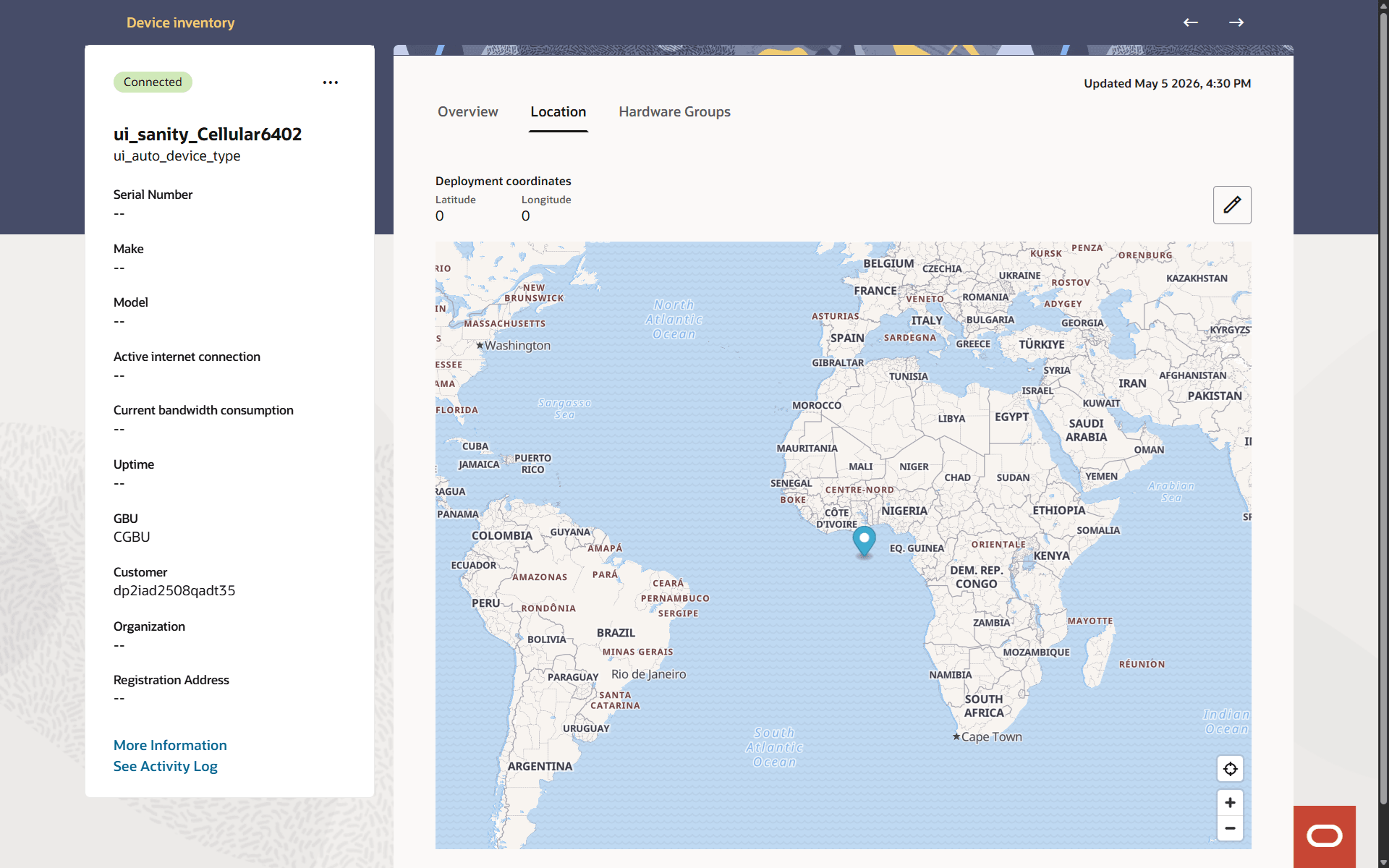 Location Tab Showing Deployment Location on a Device