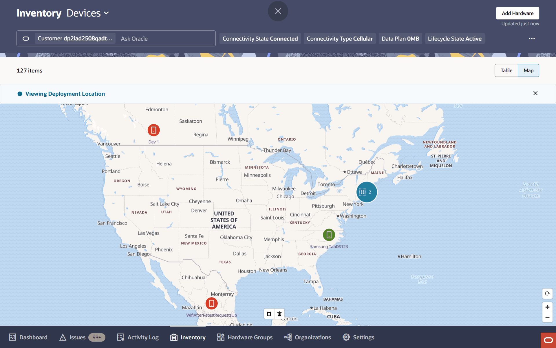 The Inventory Map View showing zoom and navigation controls. You can use these controls to zoom in or out, reset the map view, and move across different geographic areas.