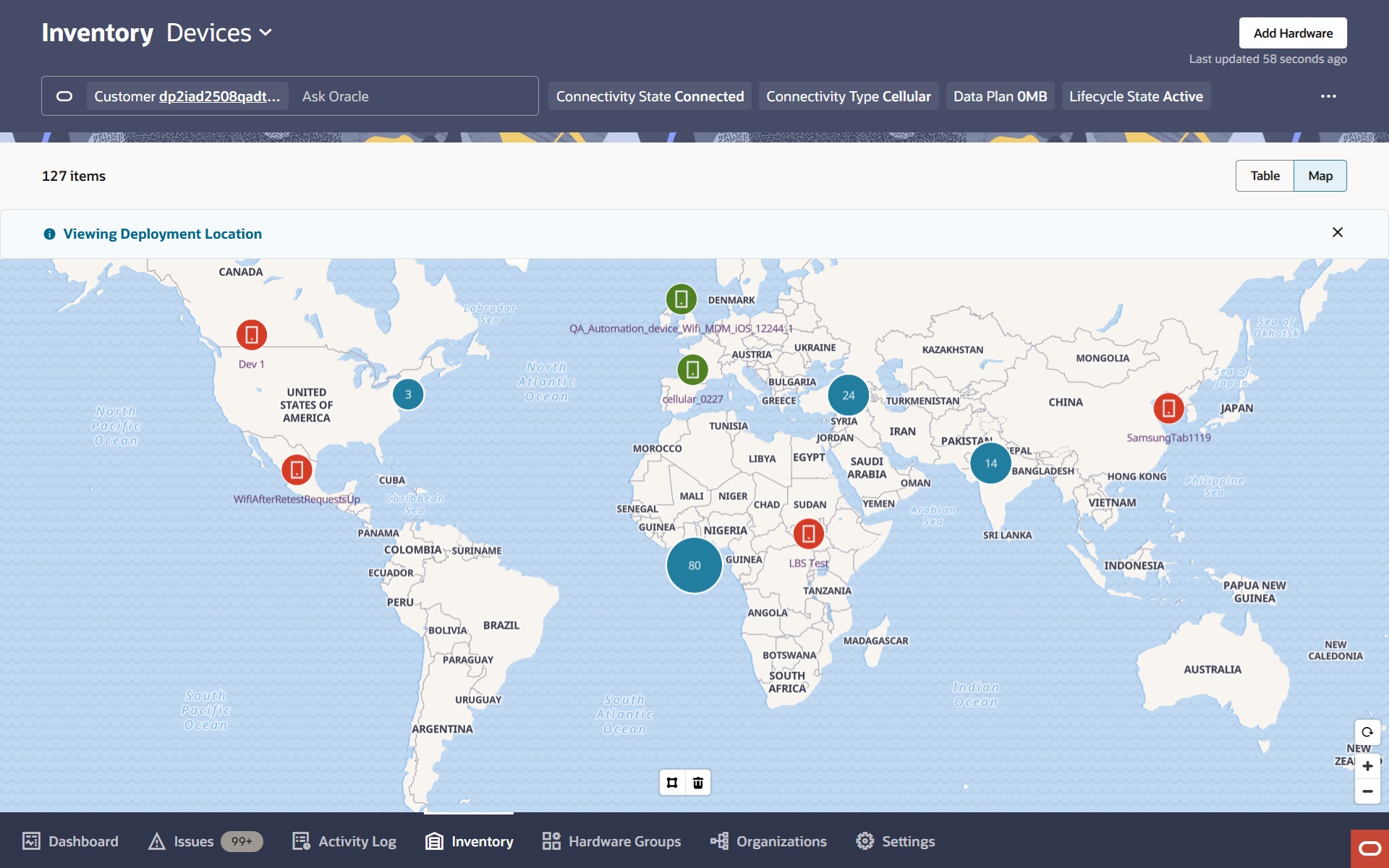The Inventory Map View displaying individual device markers and clustered results. Markers indicate device type and connectivity state, while clusters group nearby devices and expand as you zoom in.