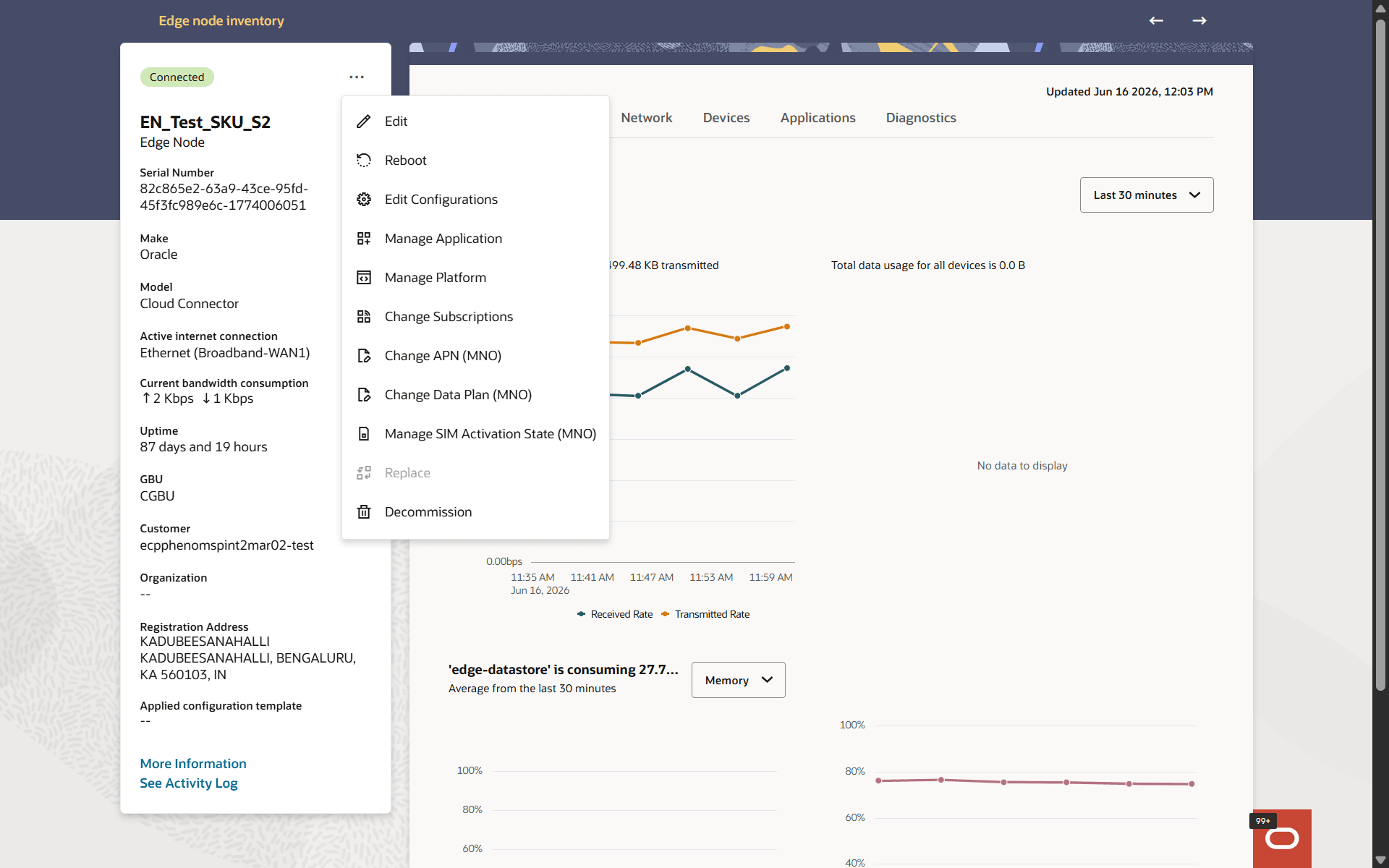 Edge Node Details page with the More actions menu open, showing the Edit Configurations action for a single edge node.