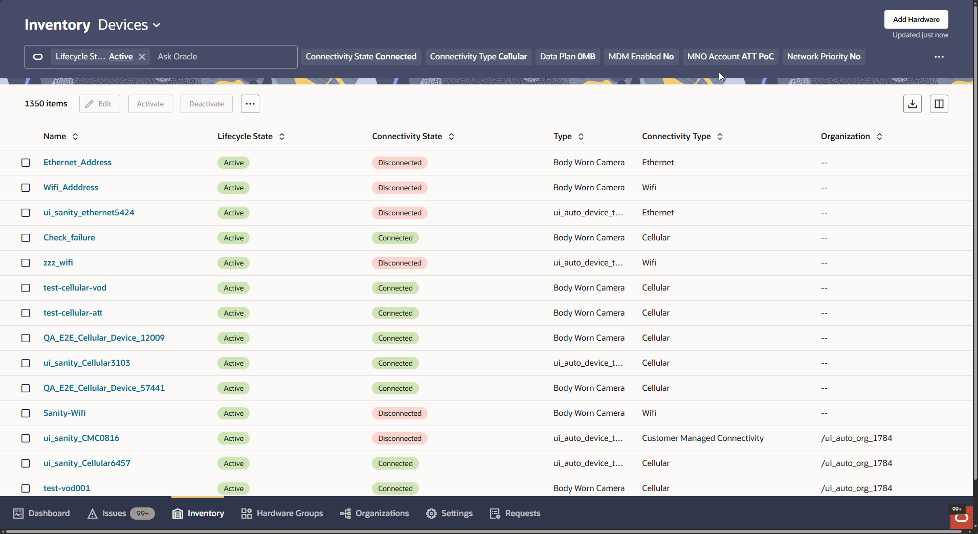 The Inventory Devices page shows a list of devices filtered by criteria displayed as chips at the top, such as lifecycle state and connectivity state based on the context from Dashboard page. The Inventory Devices page shows a list of devices filtered by criteria displayed as chips at the top, such as lifecycle state and connectivity state based on the context from Dashboard page.