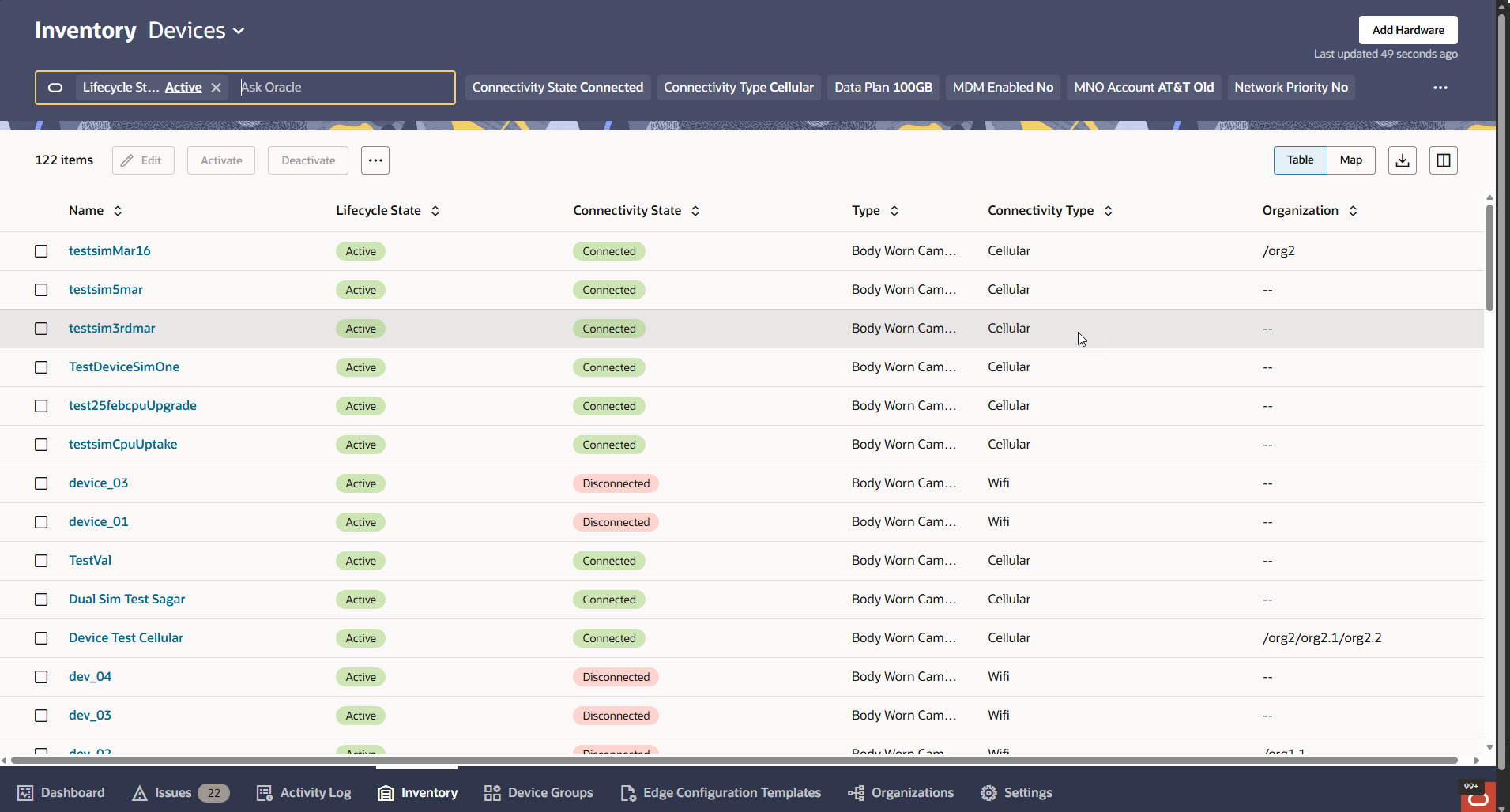 The Inventory Devices page shows a list of devices filtered by criteria displayed as chips at the top, such as lifecycle state and connectivity state based on the context from Dashboard page.