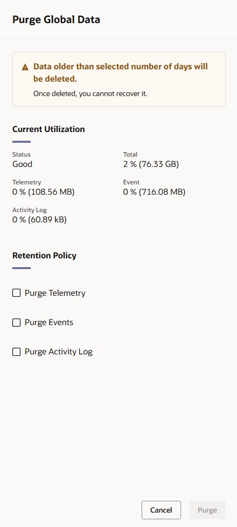 This screen capture shows an example of the Purge Global Data drawer.