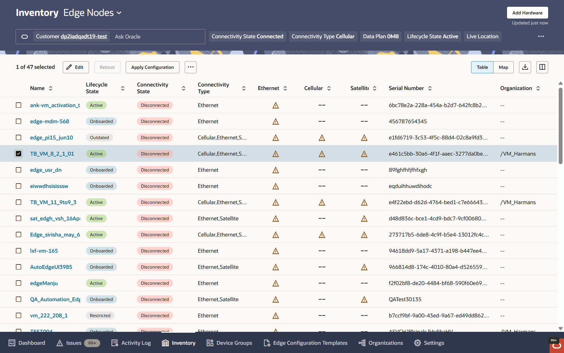 Inventory Edge Nodes page showing one selected edge node and the available actions, including Apply Configuration.