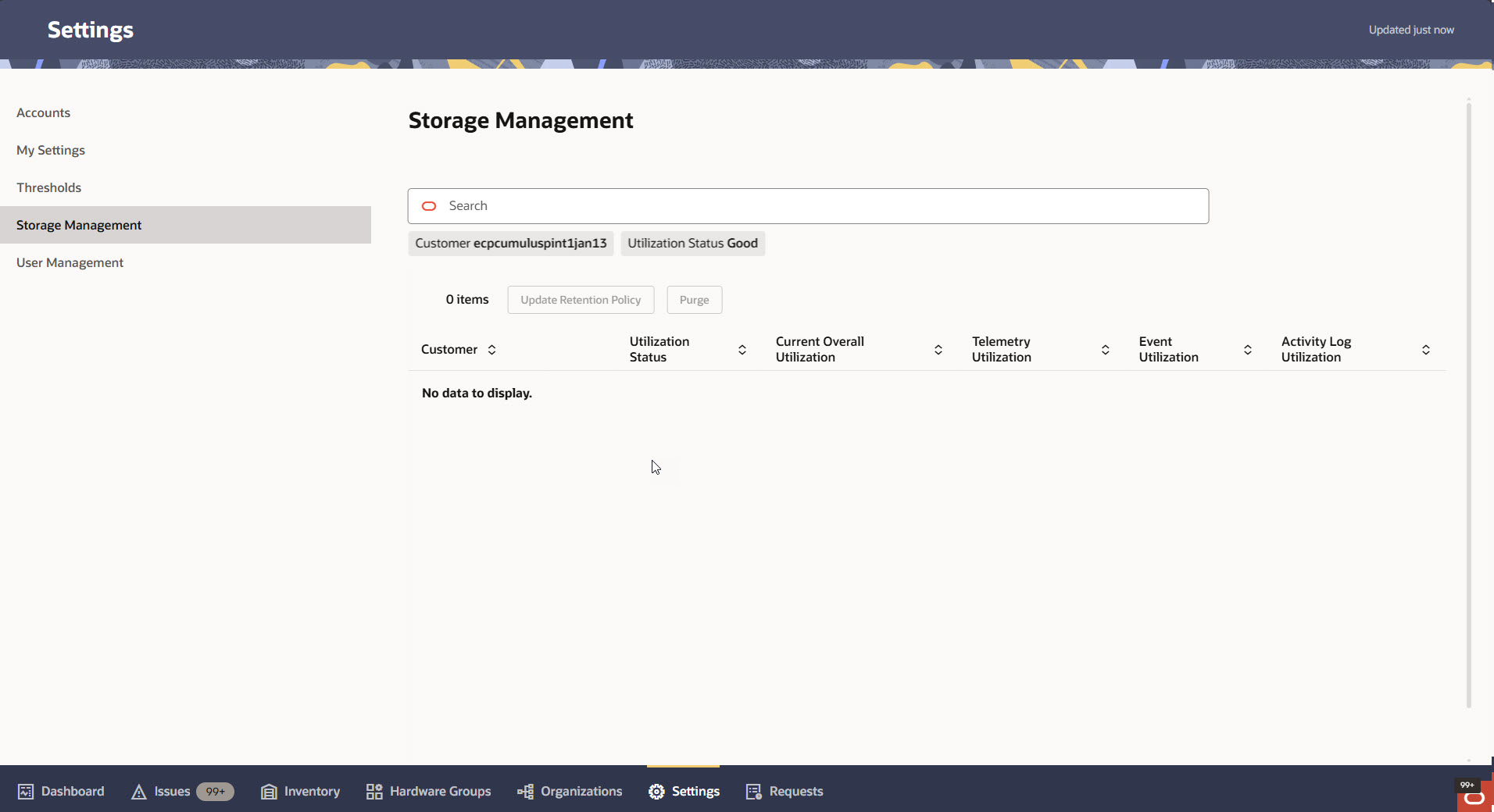 This screen capture shows an example of the Storage Management page with the customer utilization table.