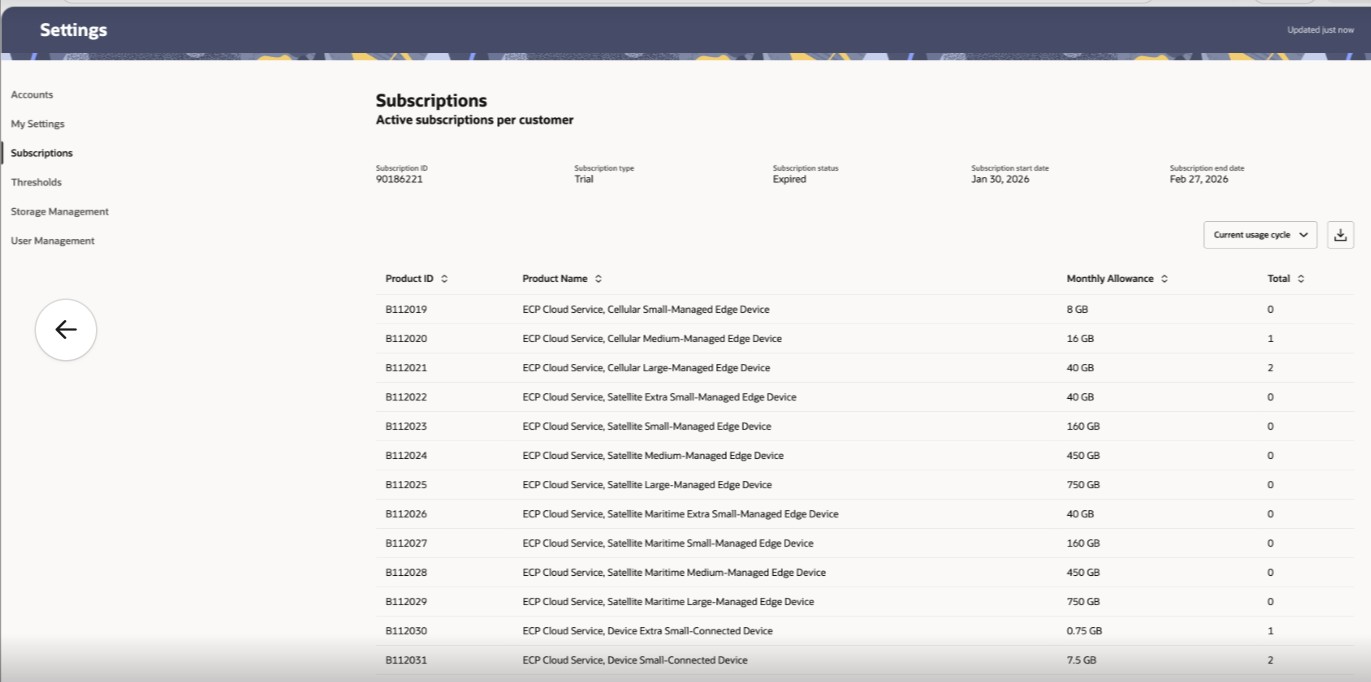 This screenshot shows an example of the Subscriptions page. This screenshot shows an example of the Subscriptions page.