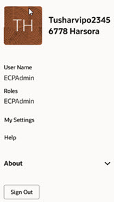 This screen capture shows the user menu that displays when you click your initials on the Ask Oracle page. This screen capture shows the user menu that displays when you click your initials on the Ask Oracle page.