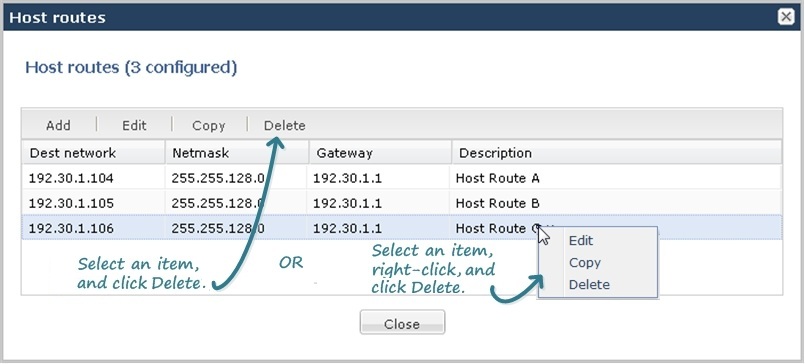 This image is a screen capture that shows the delete button location on a configuration dialog header and also the drop down menu that displays when you right-click a list item. You can click edit from the menu.