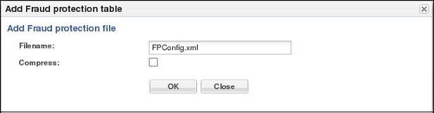 This image is a screen capture of the add fraud proteciton table dialog. Here you enter the name and extension of the file that you want to add. The dialog displays a check box that you can select to compress the file. This image is a screen capture of the add fraud proteciton table dialog. Here you enter the name and extension of the file that you want to add. The dialog displays a check box that you can select to compress the file.