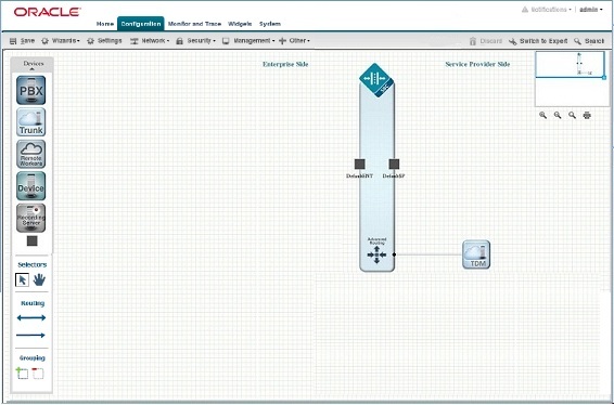 This image is a screen capture of the basic mode workspace. The workspace displays the SBC in its center, and the icons that you can drag onto the workspace are displayed in a vertical arrangement at the lefthand side of the workspace. The area to the left of the SBC is the enterprise side of the network and the area to the right of the SBC represents the service provider side of the network. This image is a screen capture of the basic mode workspace. The workspace displays the SBC in its center, and the icons that you can drag onto the workspace are displayed in a vertical arrangement at the lefthand side of the workspace. The area to the left of the SBC is the enterprise side of the network and the area to the right of the SBC represents the service provider side of the network.