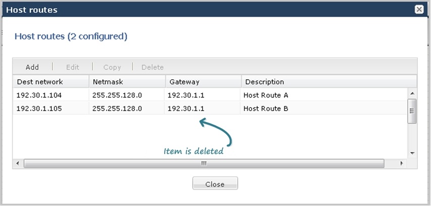 This image is a screen capture that displays an arrow pointing to where an item was deleted from the host routes list. This image is a screen capture that displays an arrow pointing to where an item was deleted from the host routes list.