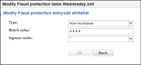 This image is a screen capture of the fraud protection whitelist entry dialog. Here you select a file type, the match valur, and the ingress realm to associate with the select whitelist. This image is a screen capture of the fraud protection whitelist entry dialog. Here you select a file type, the match valur, and the ingress realm to associate with the select whitelist.