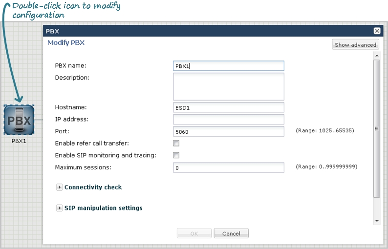 This screen capture shows the basic mode workspace after right-clicking the PBX icon. The workspace displays the modify pbx dialog, where you enter the PBX identifiers and SIP manipulations. This dialog also displays the connectivity check parameters. This screen capture shows the basic mode workspace after right-clicking the PBX icon. The workspace displays the modify pbx dialog, where you enter the PBX identifiers and SIP manipulations. This dialog also displays the connectivity check parameters.