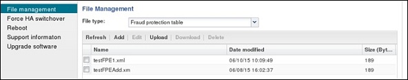 This image is a screen capture of the fraud proteciton file management table page. Here you can select fraud protection table as the file type. You can refresh, add, edit, upload, download, and delete items in the list on this page. This image is a screen capture of the fraud proteciton file management table page. Here you can select fraud protection table as the file type. You can refresh, add, edit, upload, download, and delete items in the list on this page.