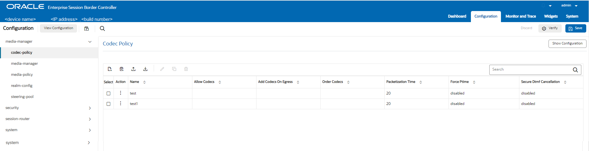 This screen capture shows the Show Configuration button located at the right end of the configuration object title banner.