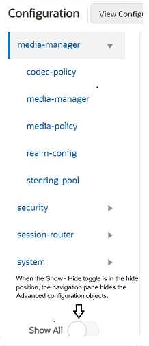 This screen capture shows the navigation pane with the Advanced configuration objects hidden because the Show-Hide toggle is in the hide position.
