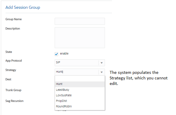This screen capture shows an example of a system-populated drop-down list for a configuration parameter. You cannot edit this kind of list.