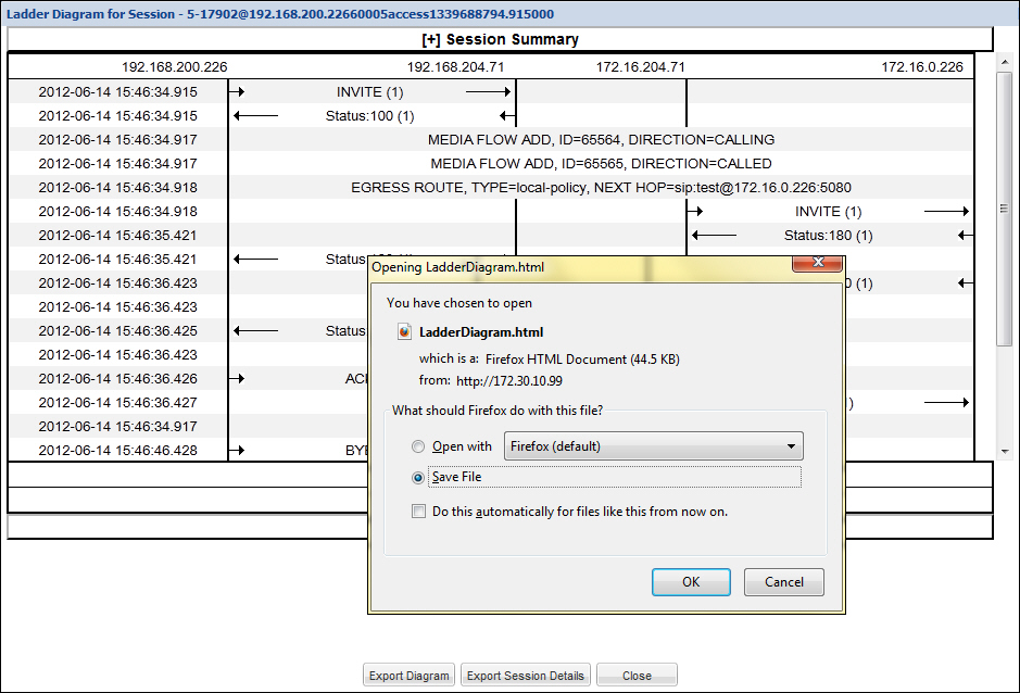 This screen capture shows a Session Summary report in the background. It shows the Open Ladder Diagram.html dialog in the foreground. In the dialog, you can either Open the file or Save the file. This screen capture shows a Session Summary report in the background. It shows the Open Ladder Diagram.html dialog in the foreground. In the dialog, you can either Open the file or Save the file.