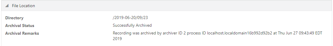 This screenshot shows the Recording Details page's File Location section.