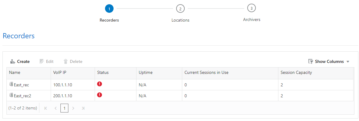 This screenshot shows the Recorders page.