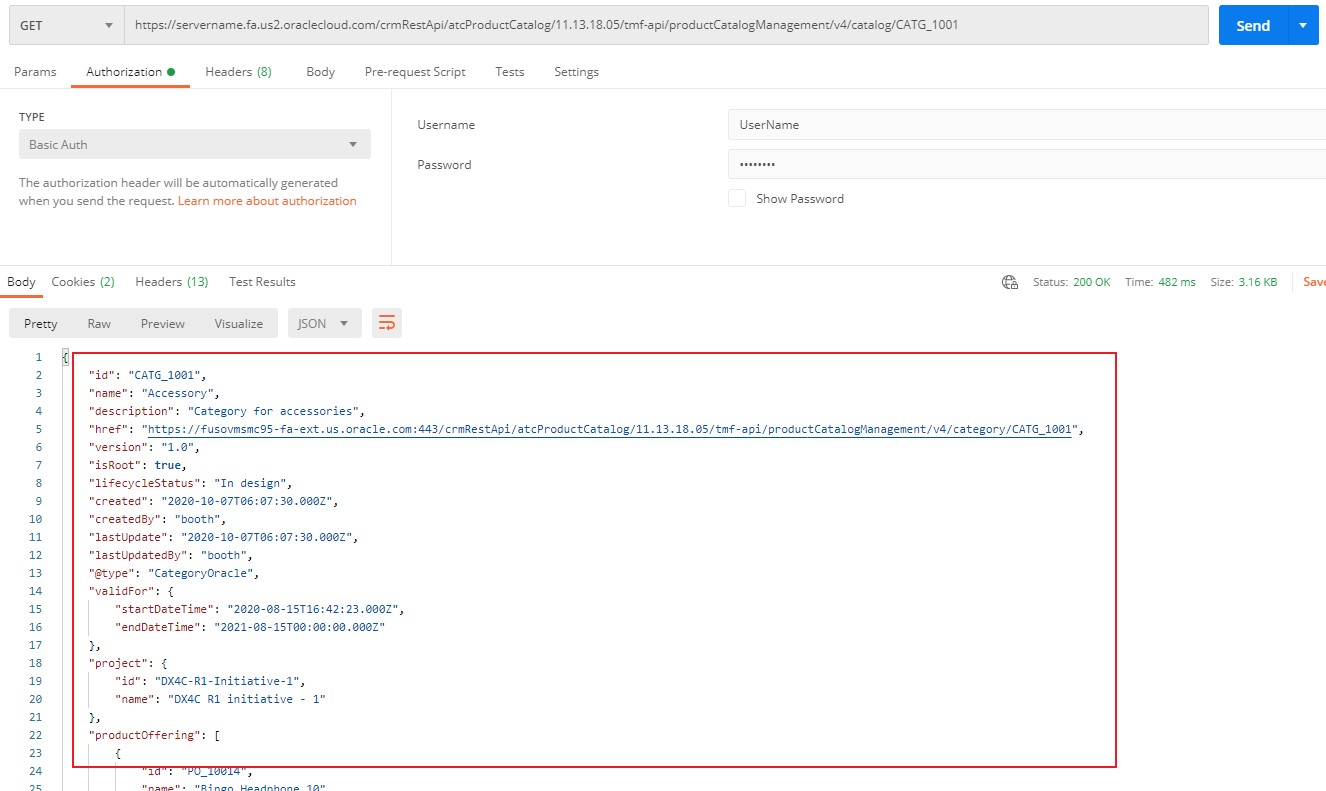 Postman example with response in JSON.